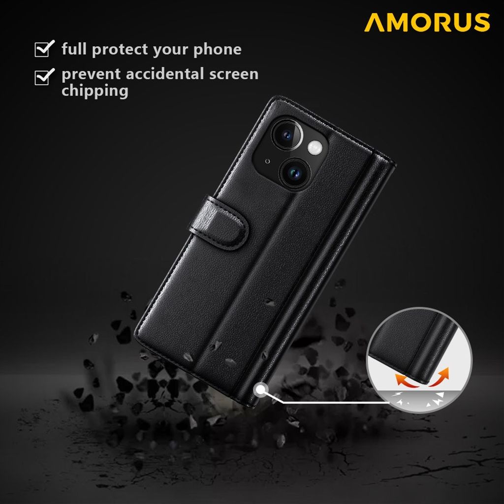 AMORUS iPhone 15 Wallet Cover Stand – Black