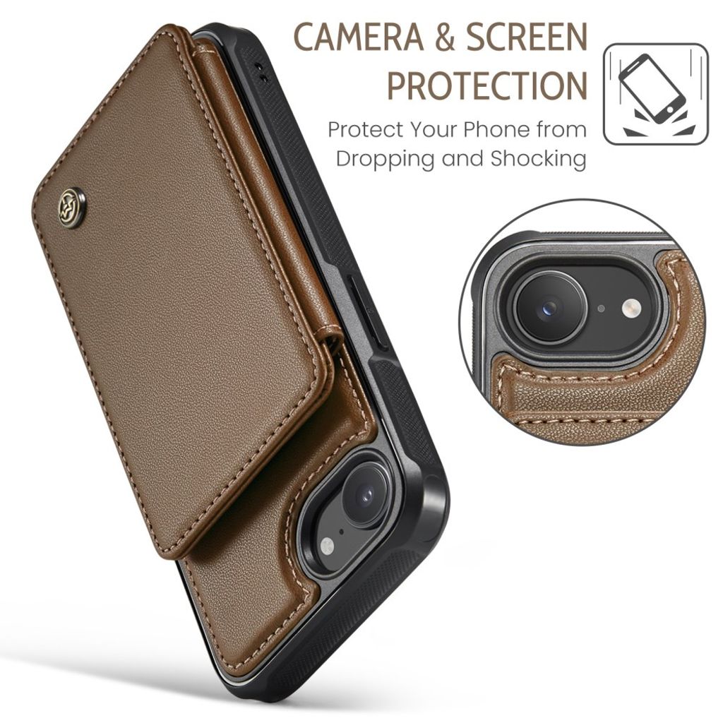 CASEME C22 Wallet Case with RFID Blocking for iPhone 16e – Brown