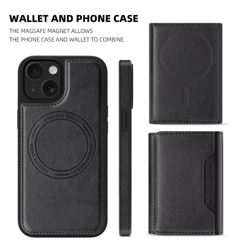 iPhone 15 Magnetic Wallet Case with Detachable Card Holder - Black