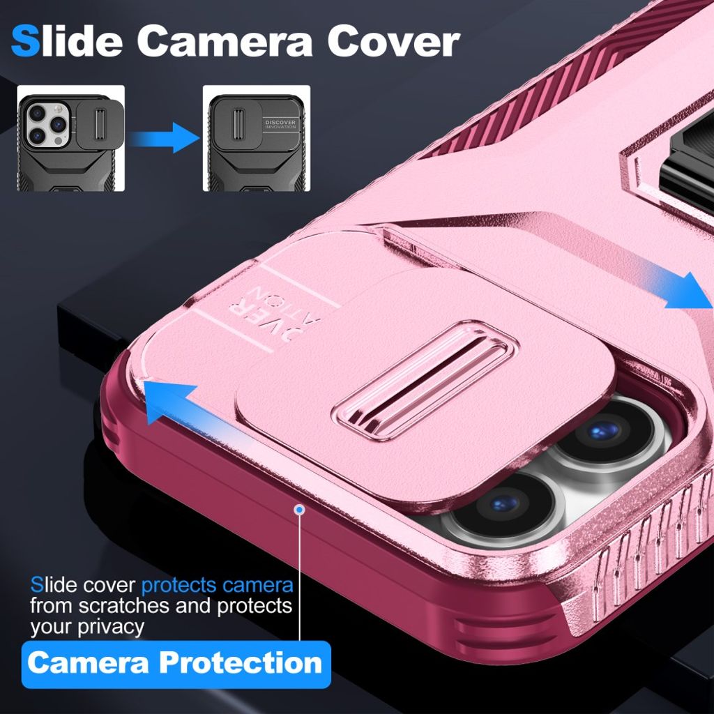 iPhone 14 Pro Max Skal med Skjutbart Kameraskydd & Stativ – Rosa