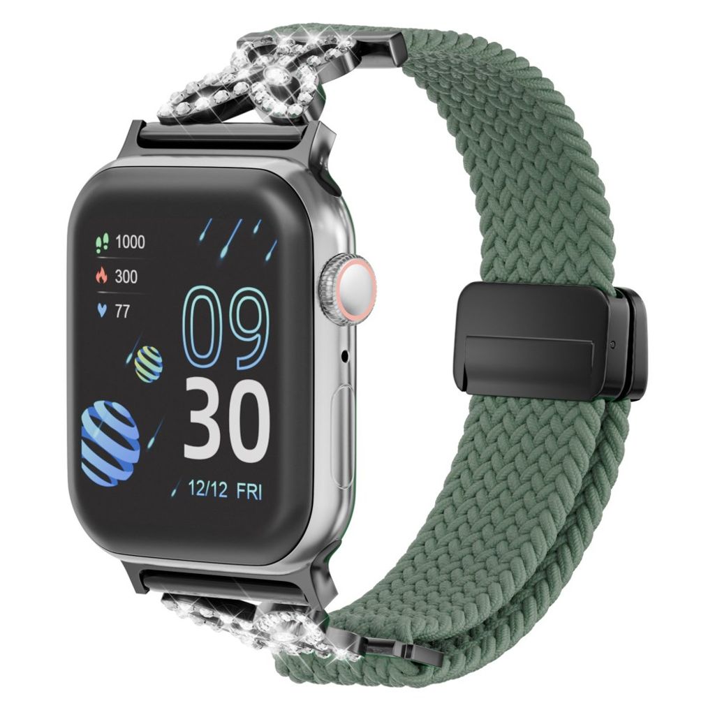 Apple Watch 42/41/40/38mm Flätat Klockarmband i Nylon med Strass - Olivgrön