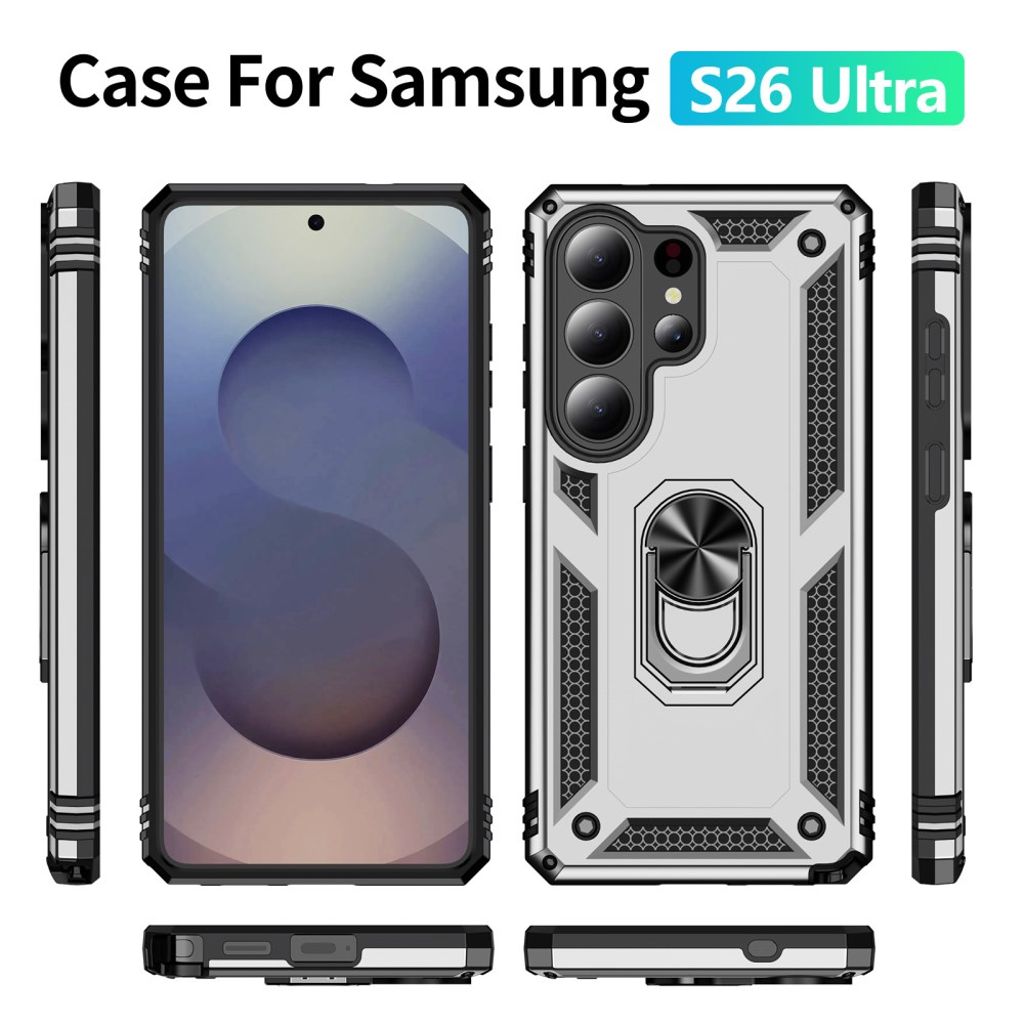Samsung Galaxy S26 Ultra Kuori PC + TPU Jalustalla – Hopea