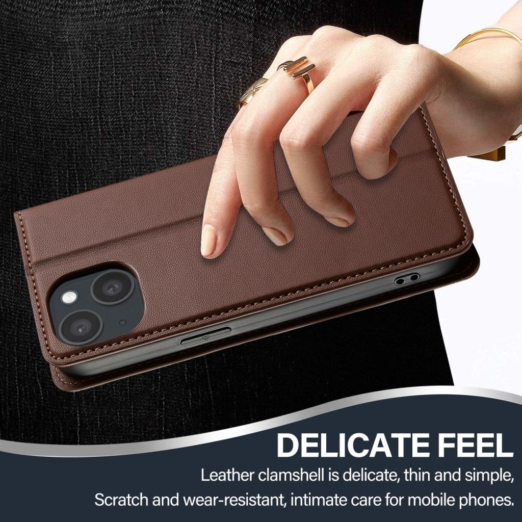 LC.IMEEKE iPhone 14/13 Wallet Cover Stand PU Leather - Brown