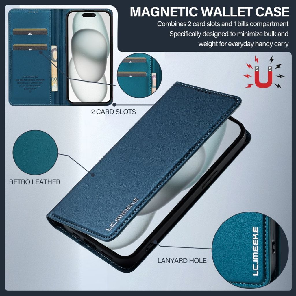 LC.IMEEKE iPhone 15 Wallet Cover Stand PU Leather - Blue