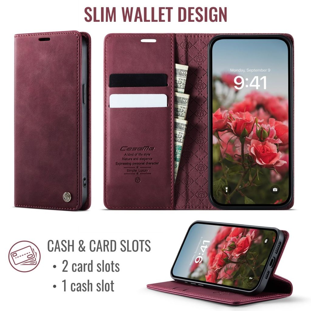 CASEME iPhone 16e Wallet Cover RFID Blocking Stand – Red