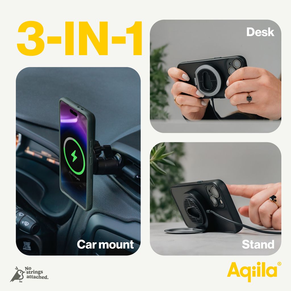 Aqiila Chargebird QC1 Qi2 trådløs oplader 3-i-1 med bilmontering
