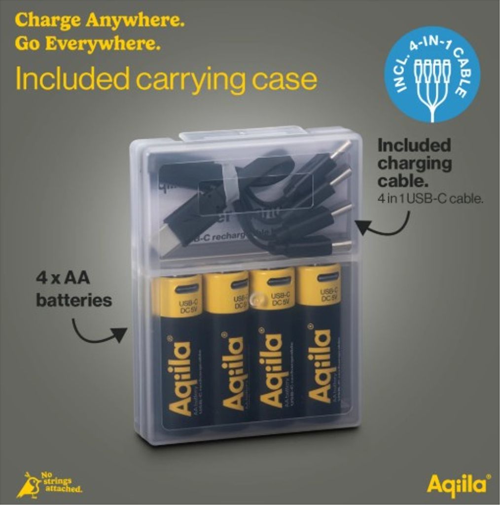 Aqiila Li-ion 2000mah genopladeligt AA-batteri med USB-C - 4-pak