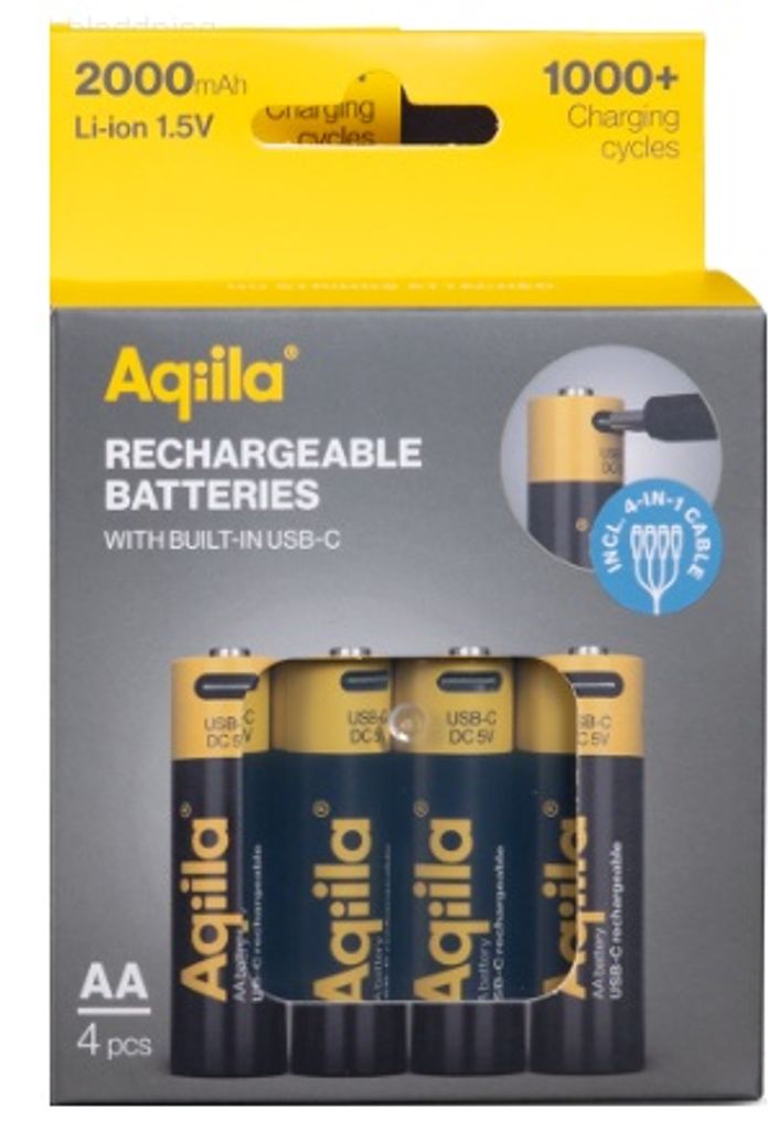 Aqiila Li-ion 2000mah genopladeligt AA-batteri med USB-C - 4-pak