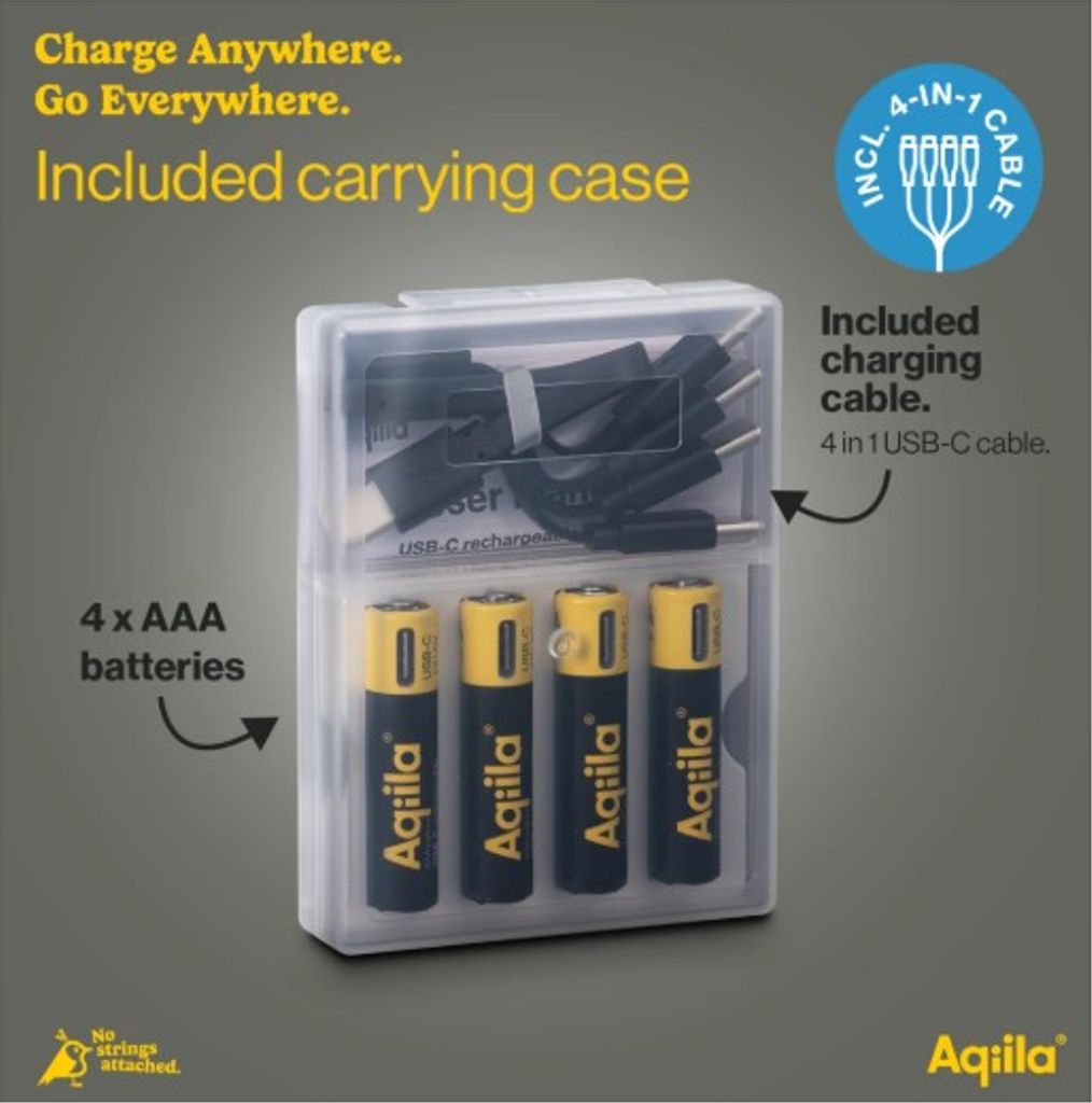 Aqiila Li-ion 600mah genopladeligt AAA-batteri med USB-C - 4-pak