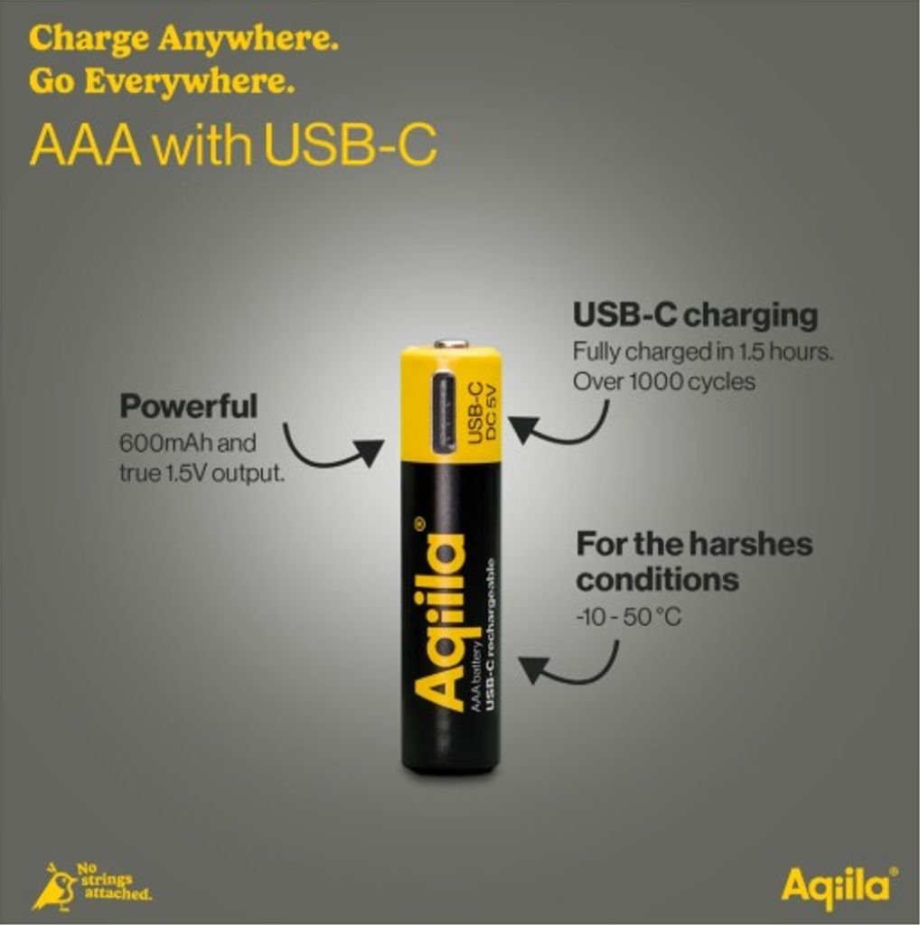 Aqiila Li-ion 600mah genopladeligt AAA-batteri med USB-C - 4-pak