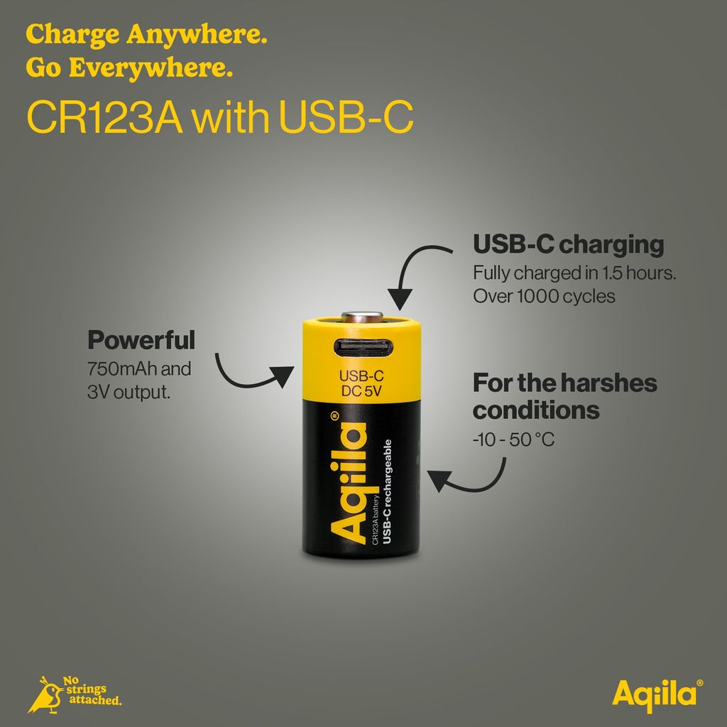 Aqiila Li-ion 750mah genopladeligt CR123A batteri med USB-C - 2-pak