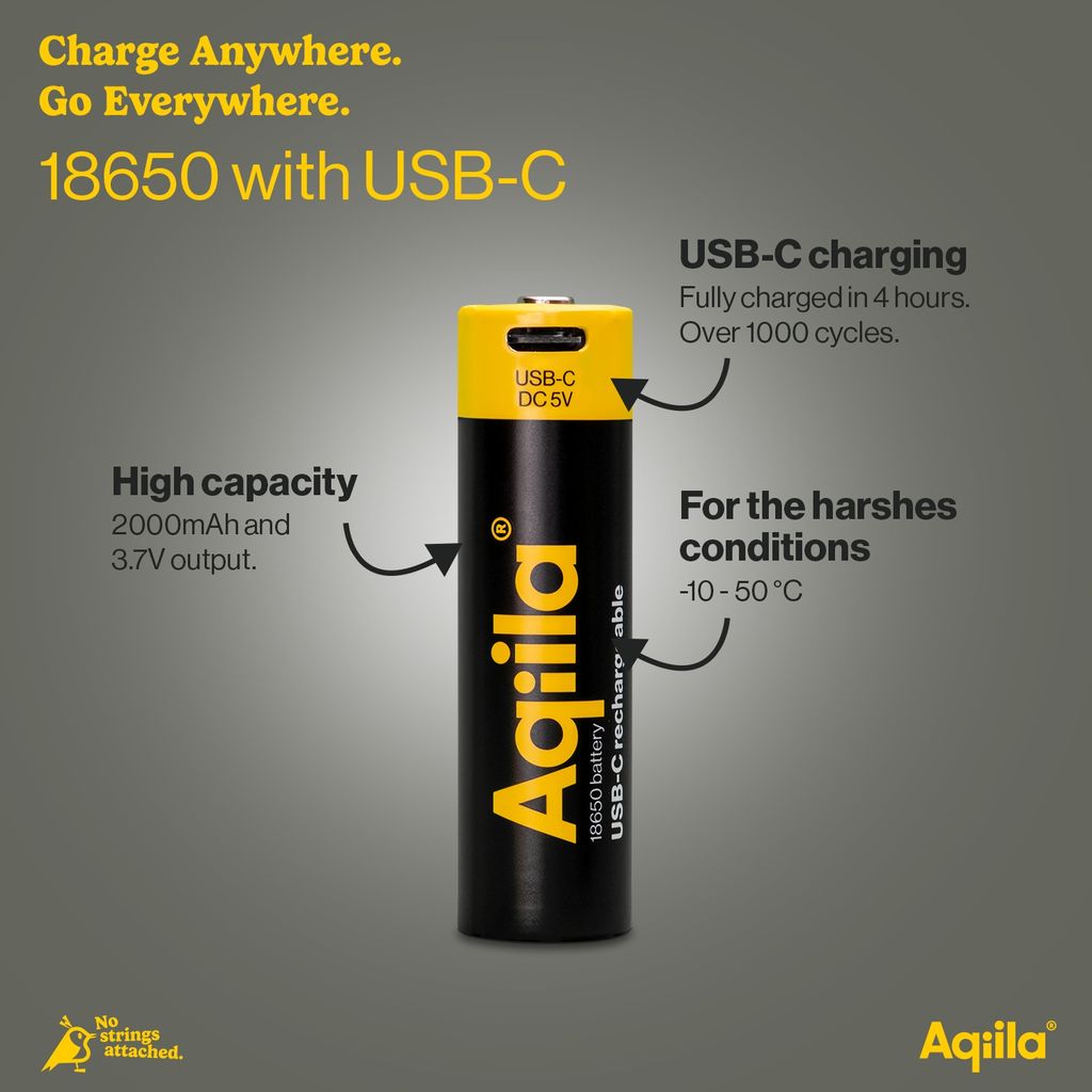 Aqiila 18650 LI-ION GENOPLADELIGT BATTERI 2000 mAh MED USB-C