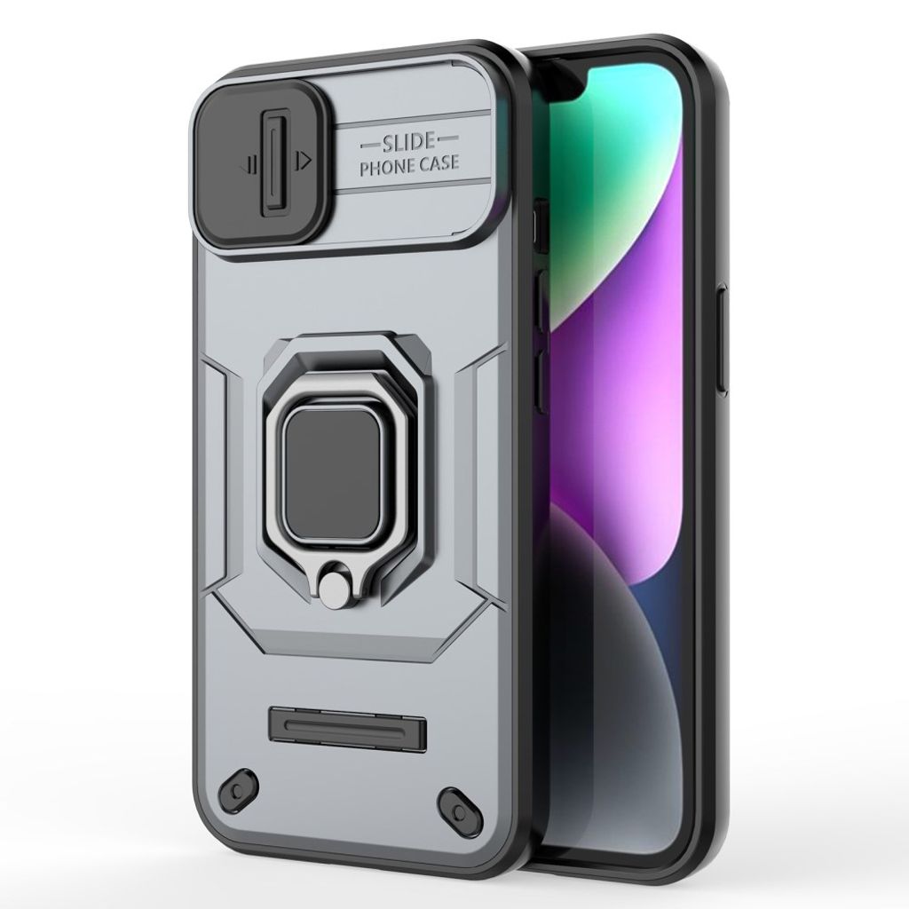 iPhone 14 Cover med kamerabeskyttelse og stativ – Grå