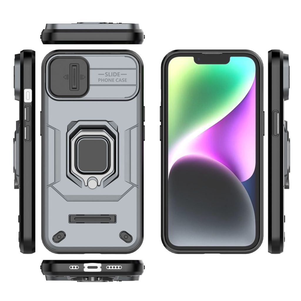 iPhone 14 Cover med kamerabeskyttelse og stativ – Grå