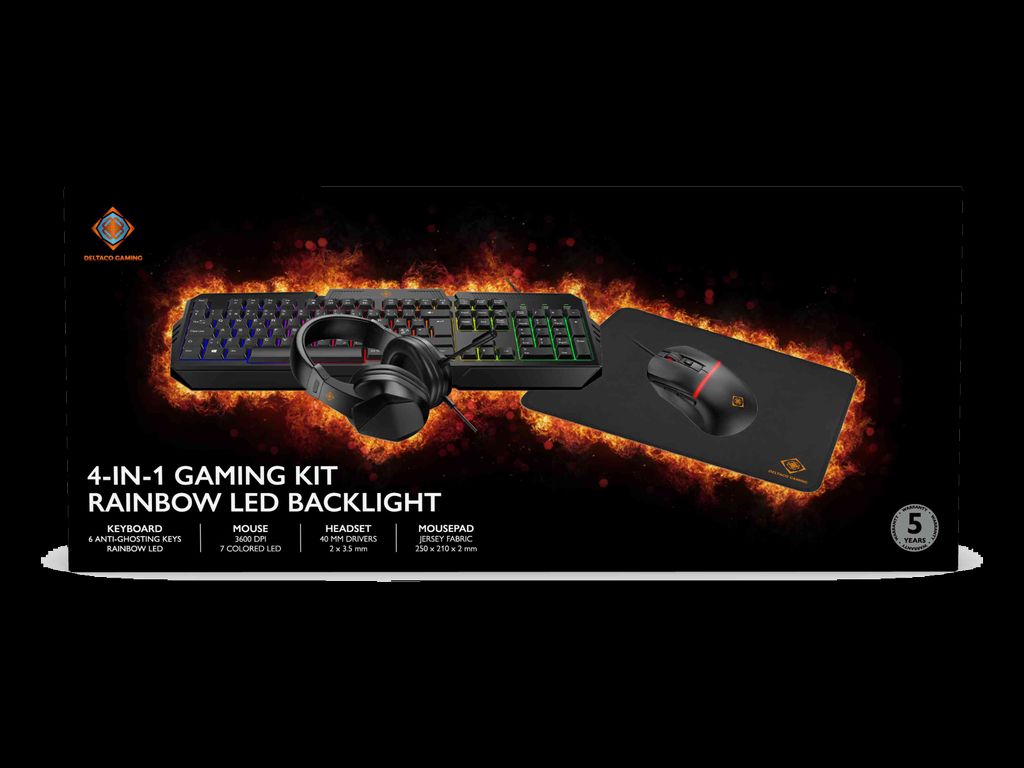 Deltaco Gaming 4-in-1 -pelipaketti, jossa kuulokkeet, näppäimistö, hiiri ja hiirimatto - RGB/musta