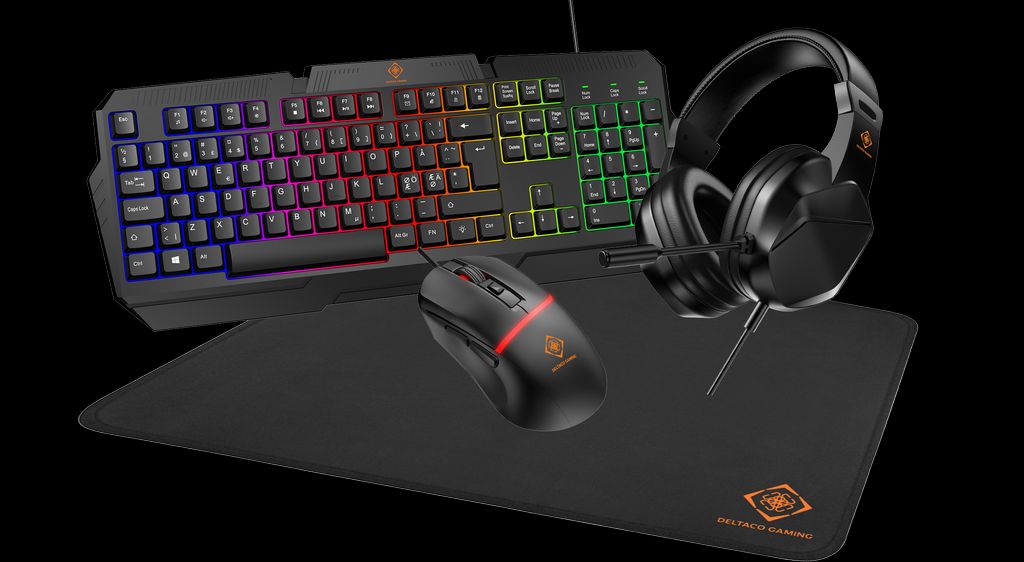Deltaco Gaming 4-in-1 -pelipaketti, jossa kuulokkeet, näppäimistö, hiiri ja hiirimatto - RGB/musta