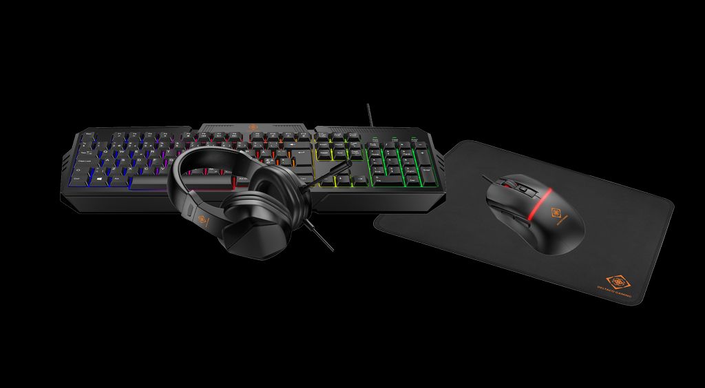 Deltaco Gaming 4-in-1 -pelipaketti, jossa kuulokkeet, näppäimistö, hiiri ja hiirimatto - RGB/musta