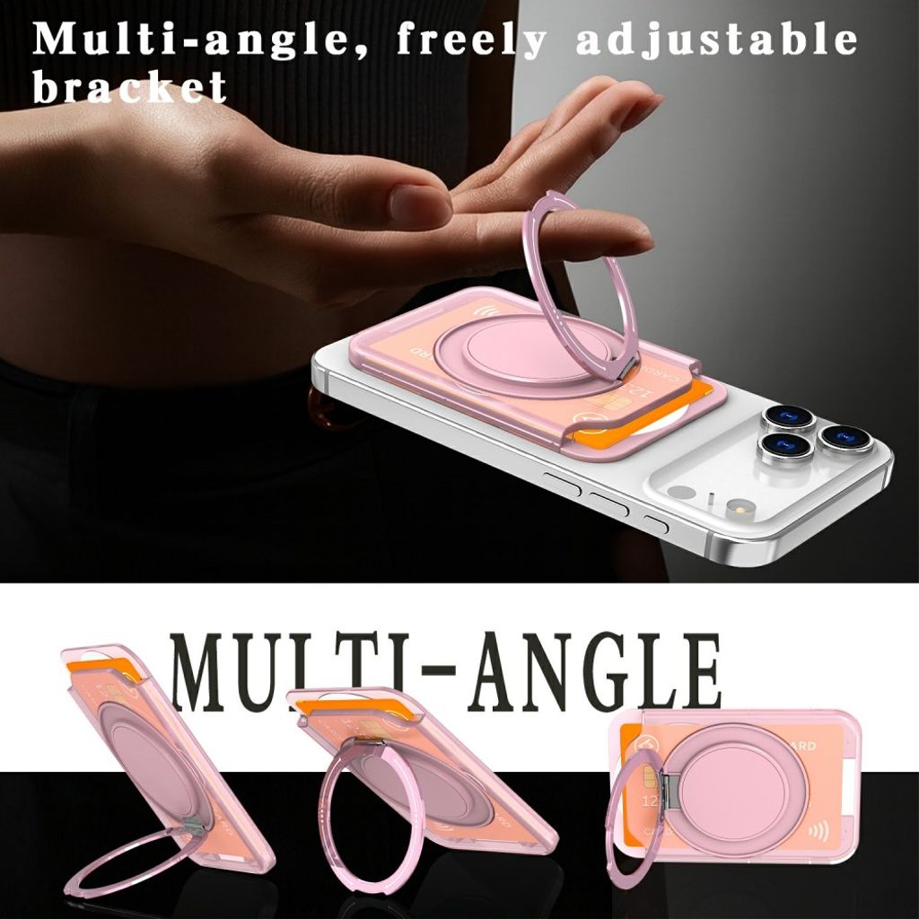 Magnetisk kortholder til mobiltelefon med ringstativ - gjennomsiktig rosa