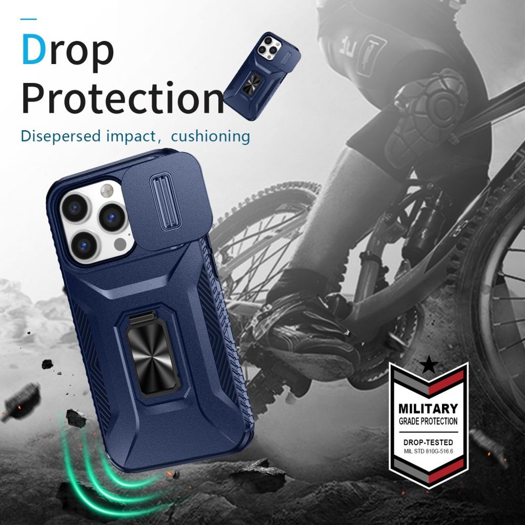 iPhone 14 Pro Cover med Stativ og Kamerabeskyttelse – Blå