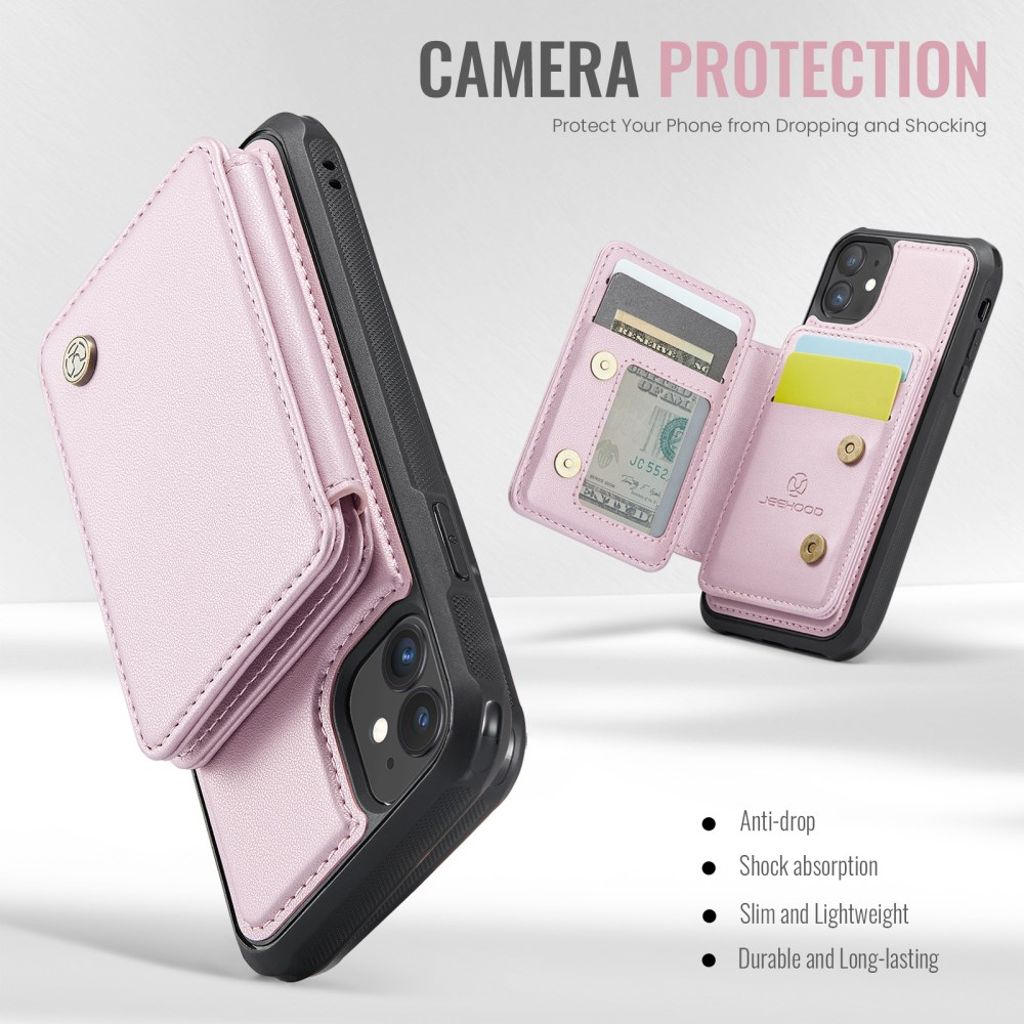 JEEHOOD iPhone 11 Lompakkokuori irrotettavalla kortin haltijalla – Vaaleanpunainen