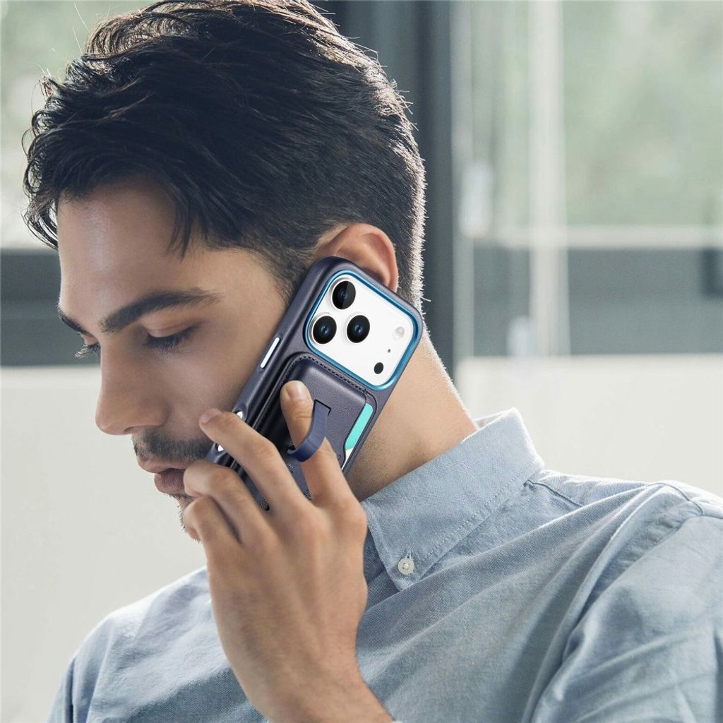 iPhone 17 Pro Max MagSafe Lommebokdeksel med Finger-Ring Stropp – Mørkblå