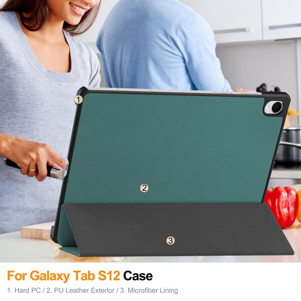 Samsung Galaxy Tab S12 Plus Slimmat Tri-fold stativfodral - Grön