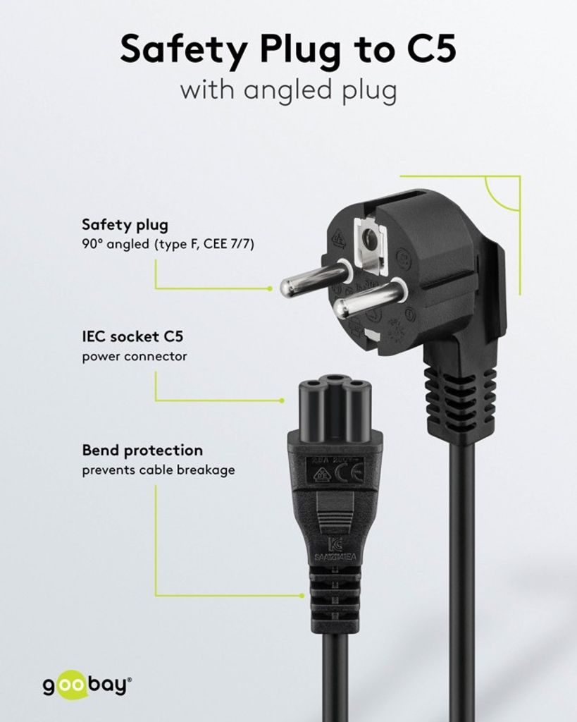 Goobay Vinklad Strömkabel 3-pin C5 (jordad), 3 m – svart