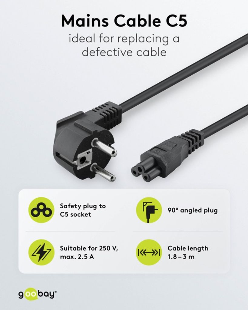 Goobay Vinklad Strömkabel 3-pin C5 (jordad), 3 m – svart