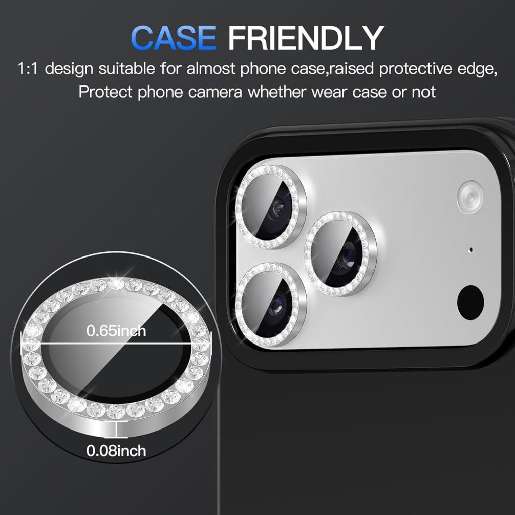 iPhone 18 Pro Linsskydd Härdat Glas med Strass - Silver