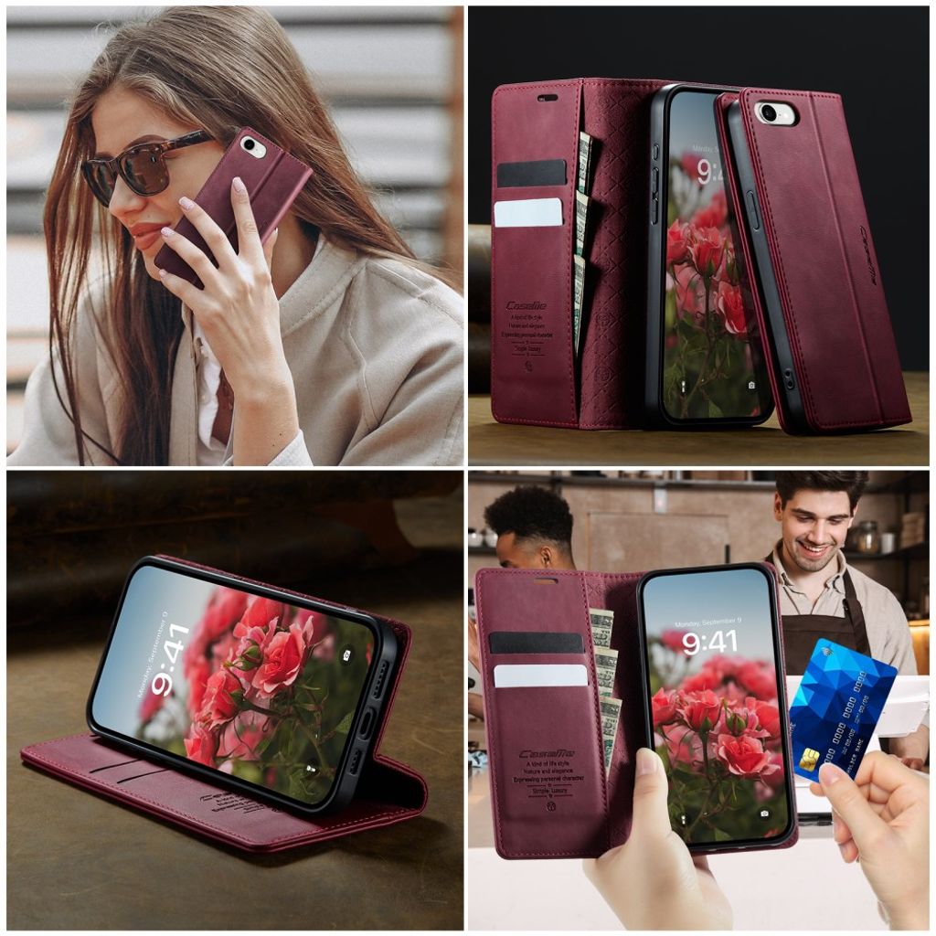 CASEME iPhone 16e Wallet Cover RFID Blocking Stand – Red