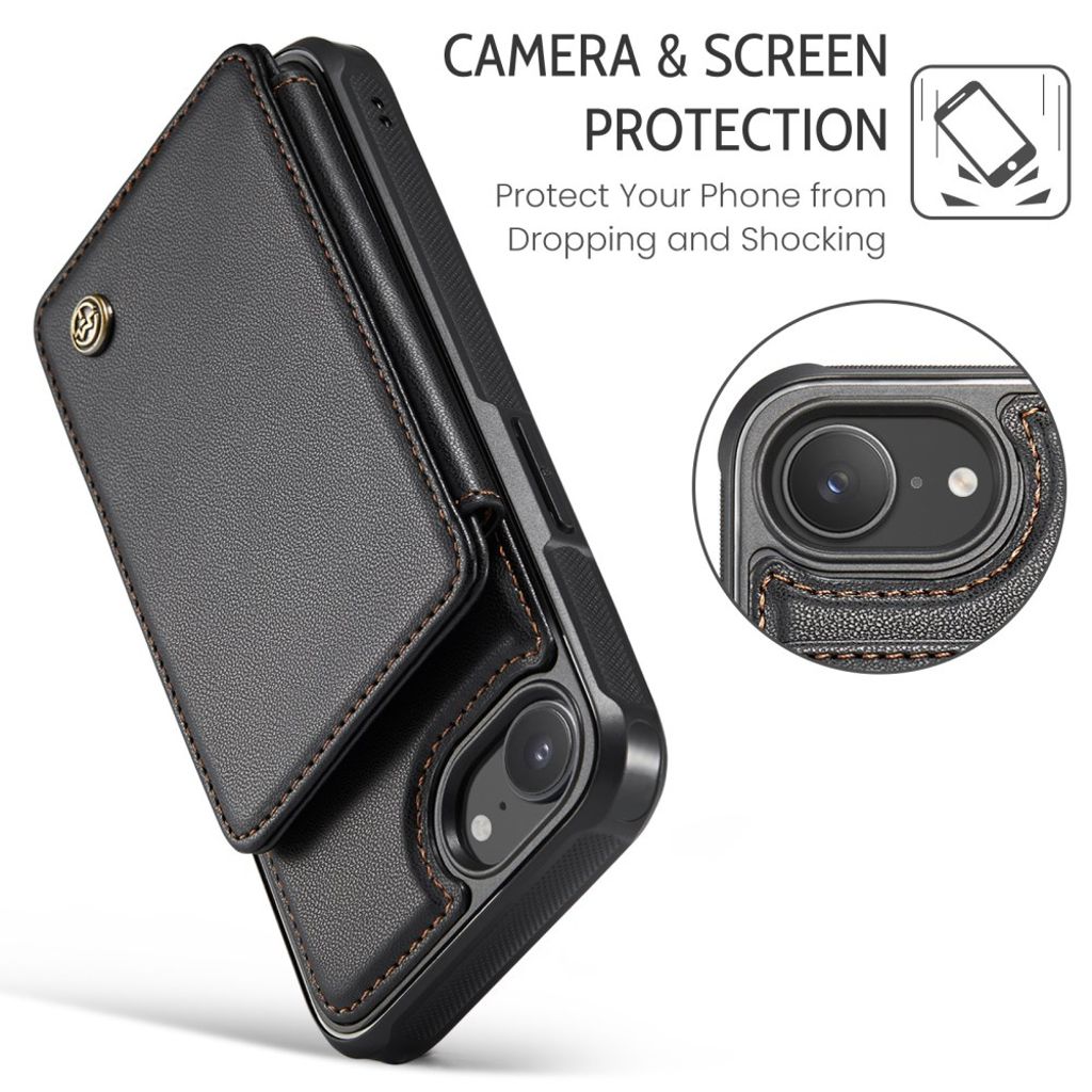 CASEME iPhone 16e Lommebokdeksel med RFID Kortholder og Stativ – Svart