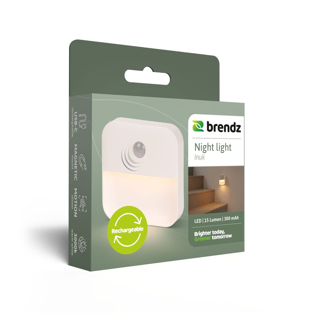 Brendz Inuk Genopladelig Natlampe 15lm med Bevægelsessensor Hvid