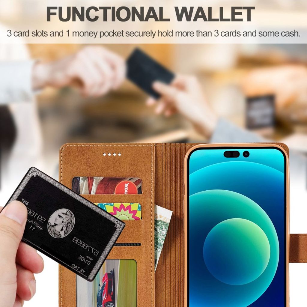 LC.IMEEKE iPhone 14 Pungetui med stativ – Lysebrun