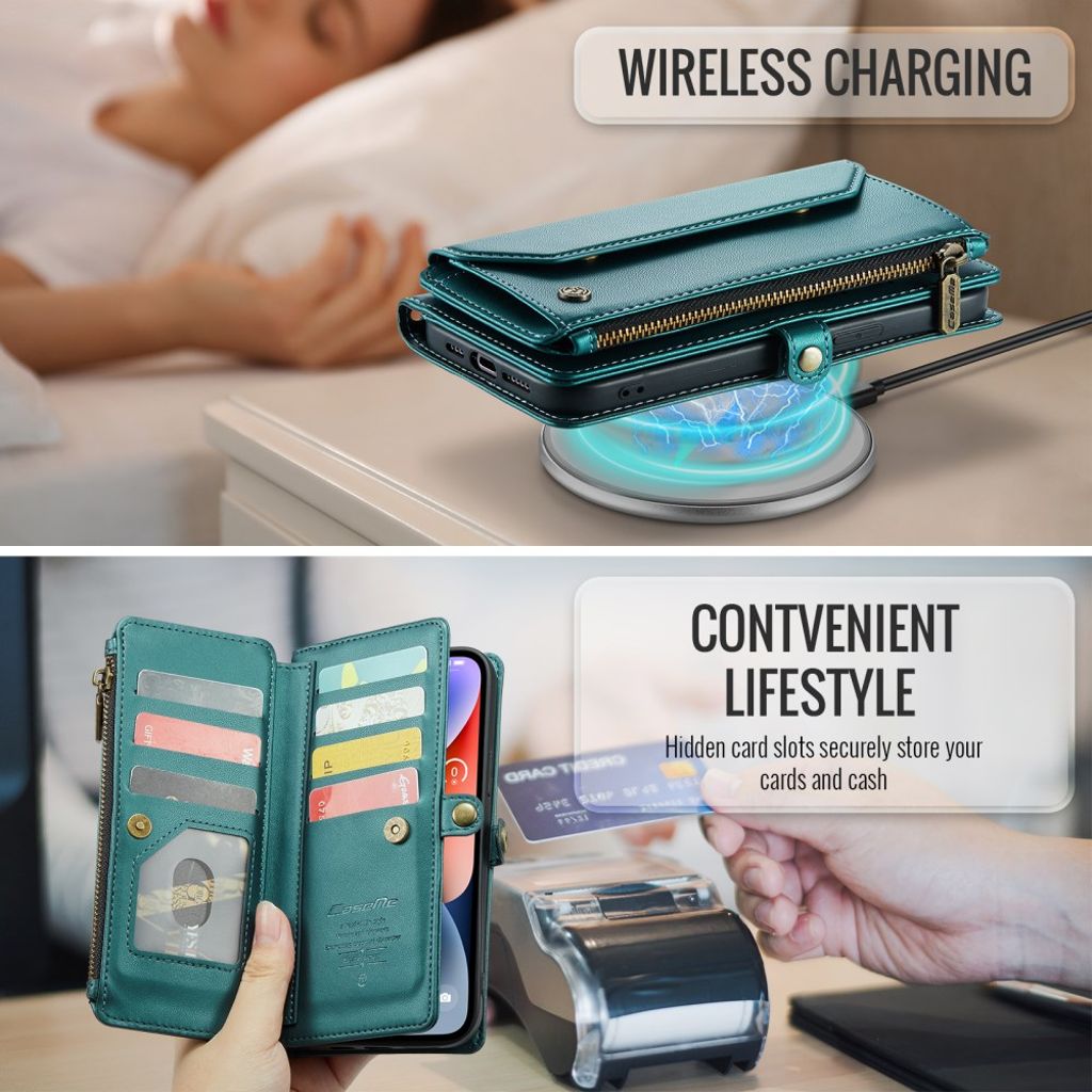 CASEME iPhone 14 Plus Pungetui RFID Blocking/Stativ – Grøn