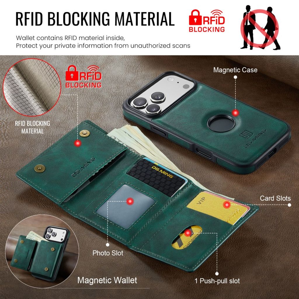 DG.MING iPhone 18 Pro Max/17 Pro Max Deksel med Magnetisk Lommebok - Grønn