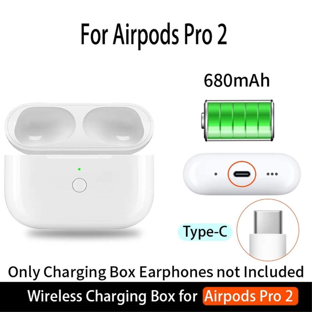 AirPods Pro/Pro 2 ladeetui med USB-C-port 680 mAh trådløs lading – hvit