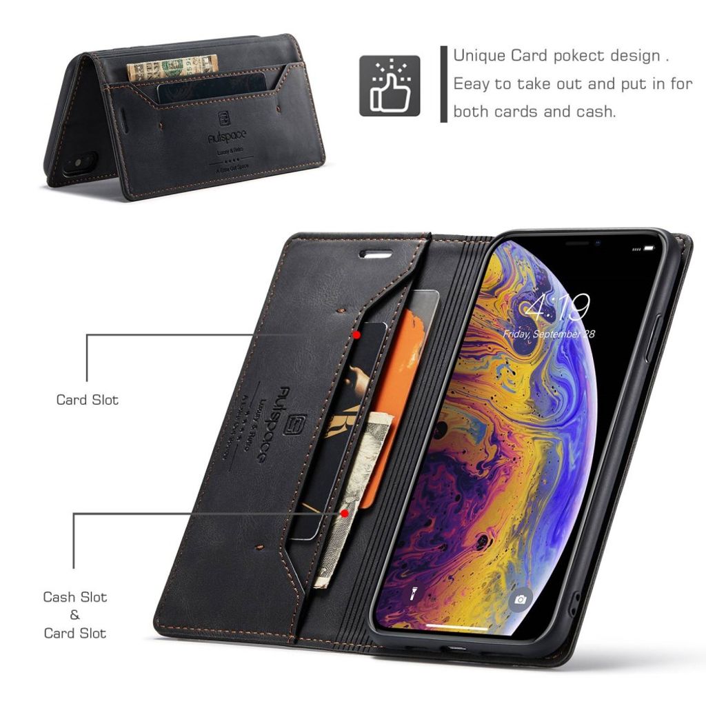 AUTSPACE iPhone X/XS Lompakkokotelo RFID Korttipaikoilla – Musta