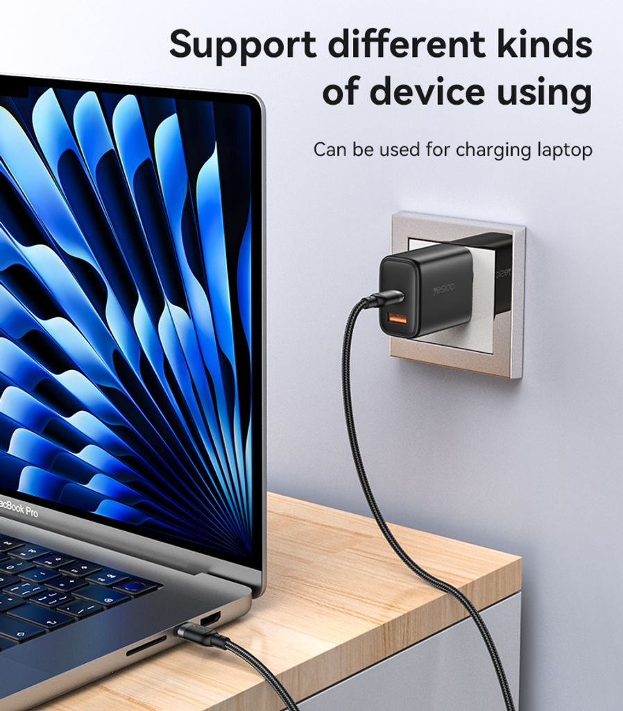 Yesido CA188 USB-C til USB-C-kabel 60 W hurtiglading 0,3 m – svart