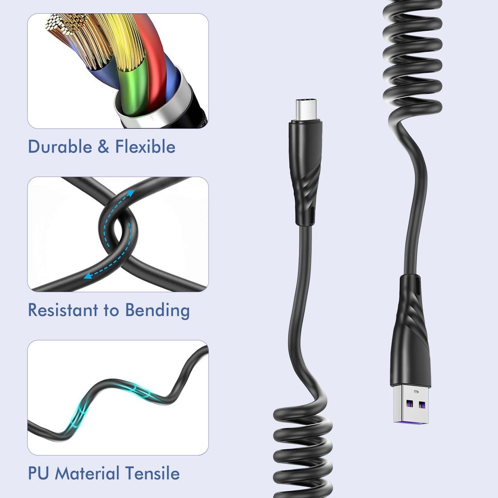 SiGN 15W spiralformet USB-A til USB-C hurtigopladerkabel til bil – sort