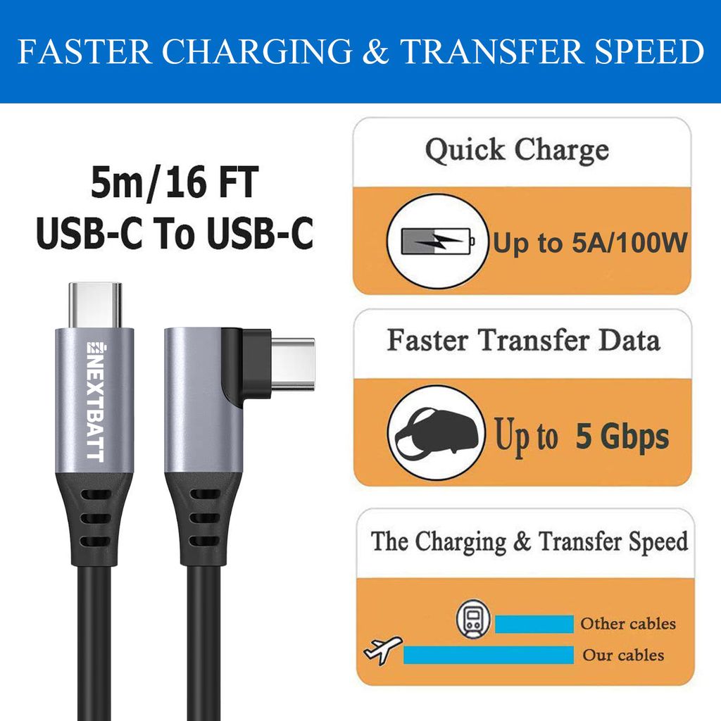 NEXTBATT USB-C - USB-C -kulmakaapeli 60W 3A 5Gbps 5m