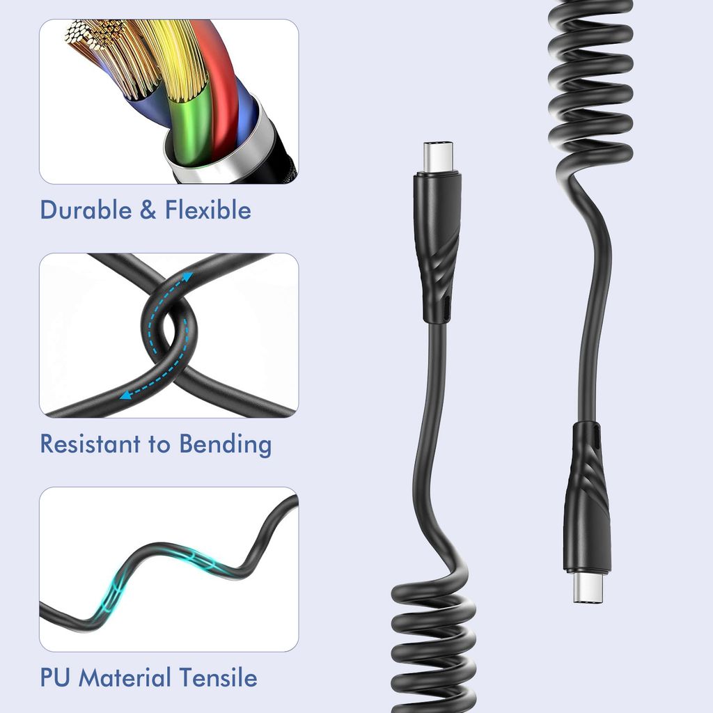 SiGN 60W spiralformet USB-C til USB-C hurtigopladningskabel til bil – sort