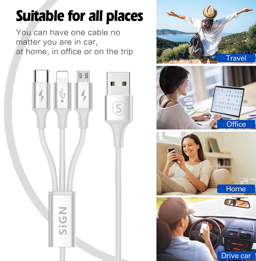 Valkoinen SiGN 3-i-1 Lightning, USB-C, Micro-USB palmikko 5V, 3A - 0,25m 