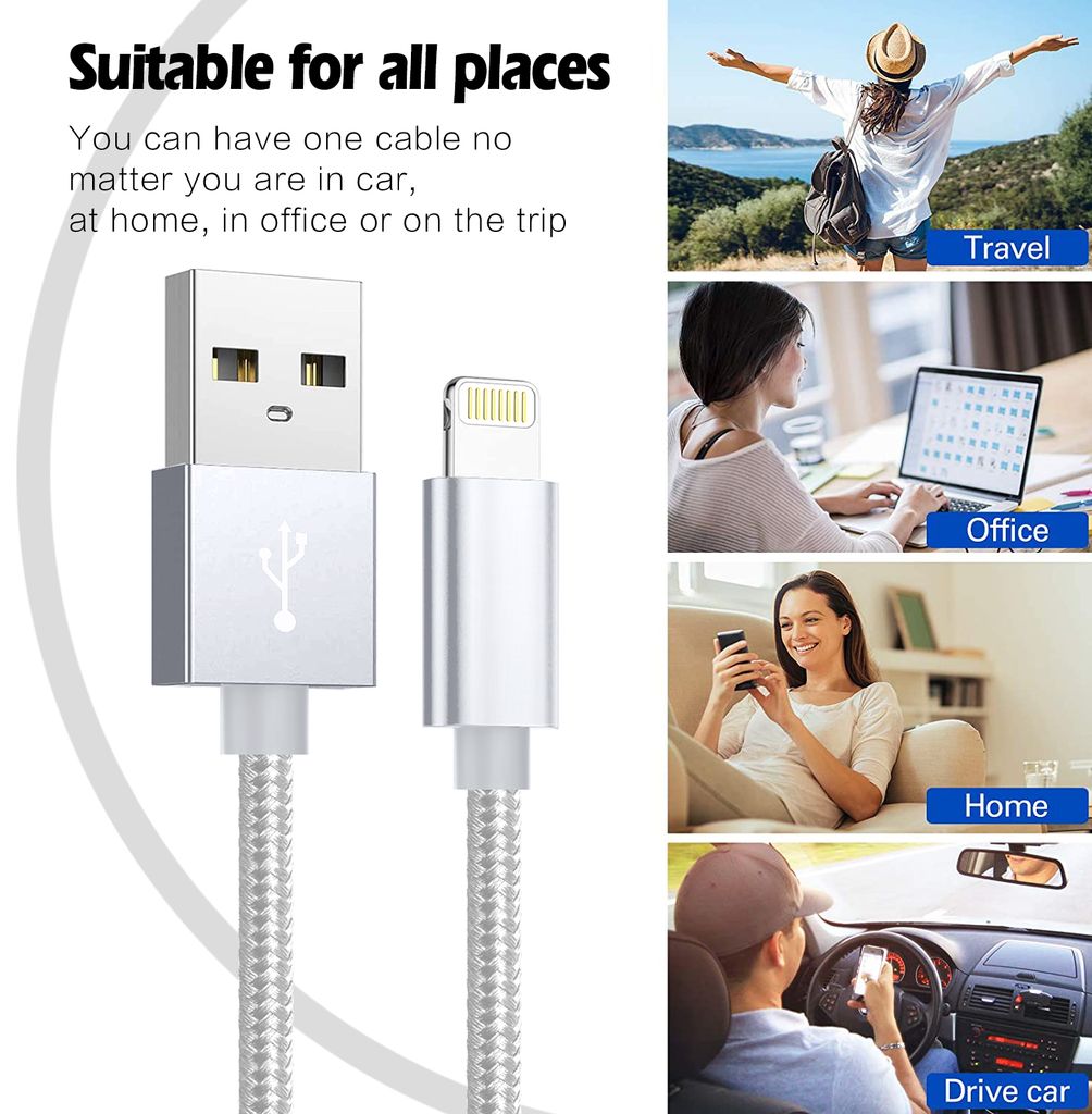 SiGN USB-Lightning-kaapeli, 2.1A, 3m, nailon - hopea