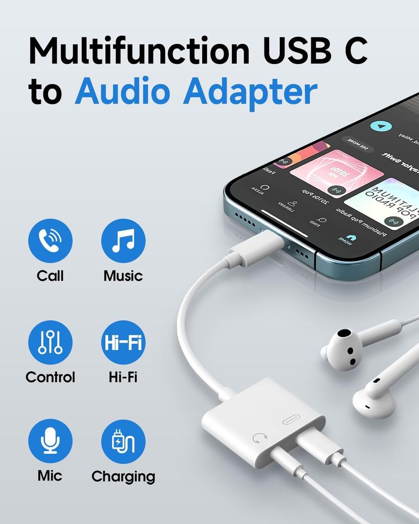 SiGN USB-C - 3,5 mm AUX-sovitin, 3A - Lataa ja kuuntele - valkoinen