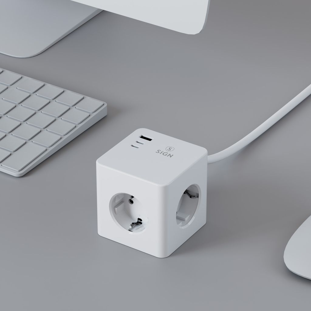 SiGN PowerCombo Cube Wall Charger 3680w, 2x USB-C, 1x USB-A, 3x AC, 16A - 20W, White
