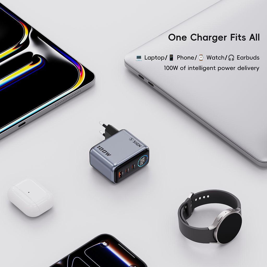 SiGN 100W Snabbladdare med Display – 2x USB-C / 1x USB-A - Grå