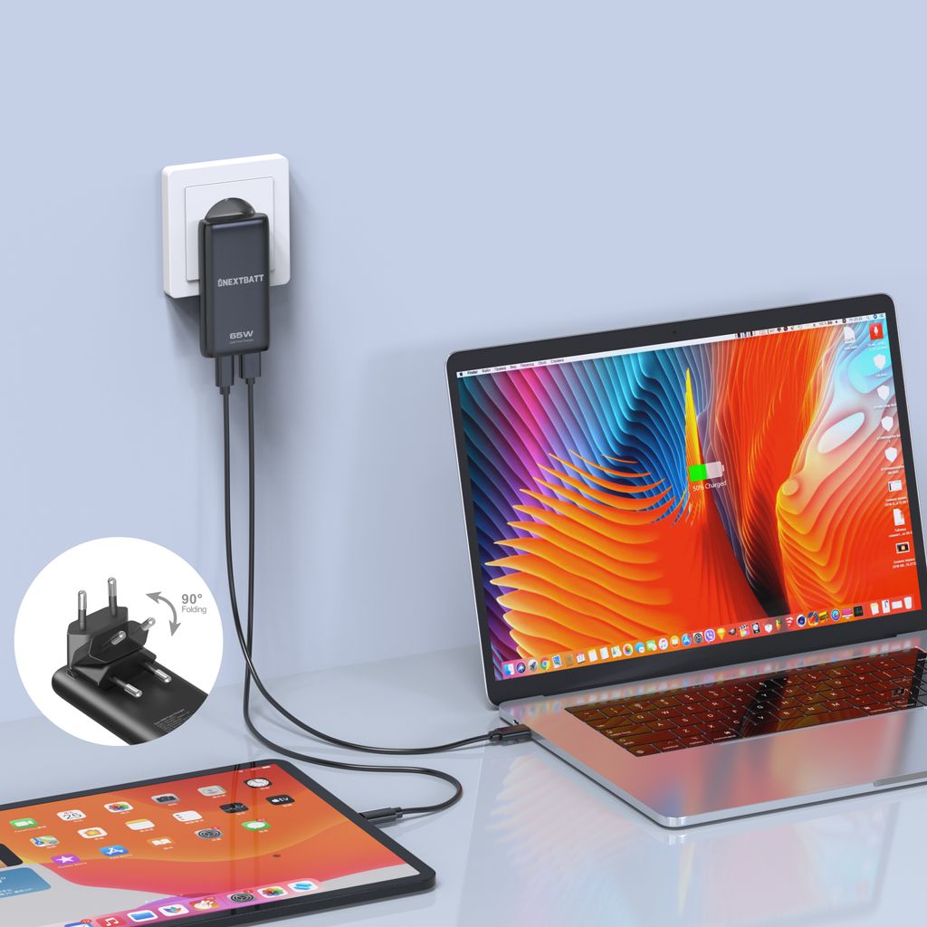 NEXTBATT GaN Ultra Slim Ladegerät, faltbar, 65 W, USB-C/USB-A – Schwarz