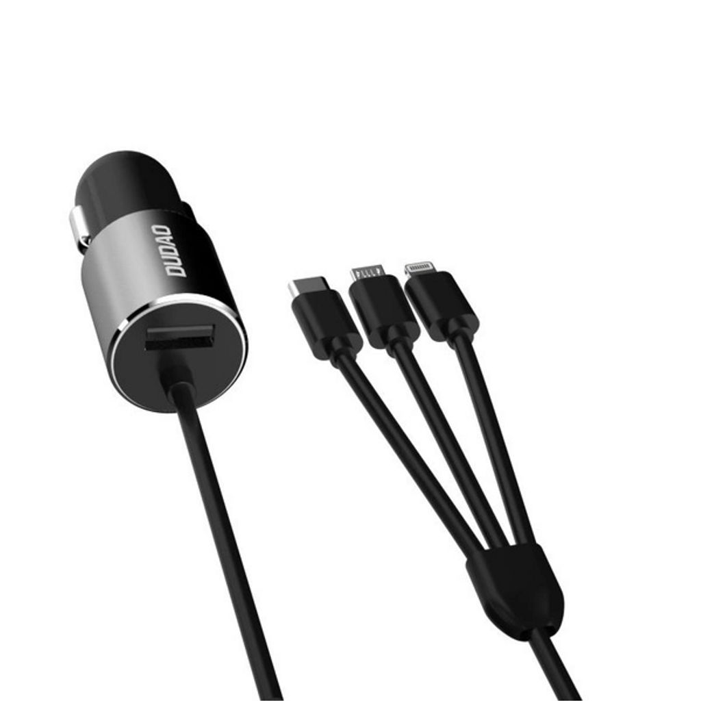 Dudao 3in1 USB-A billaddare med inbyggd Lightning/ USB-C/ mikro-USB-kabel