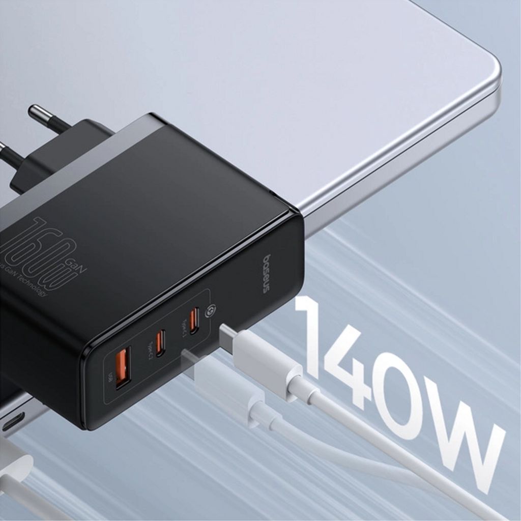 Baseus GaN5 Pro vegglader 2x USB-C, 1x USB-A, 160W + USB-C-kabel, 240W - Svart