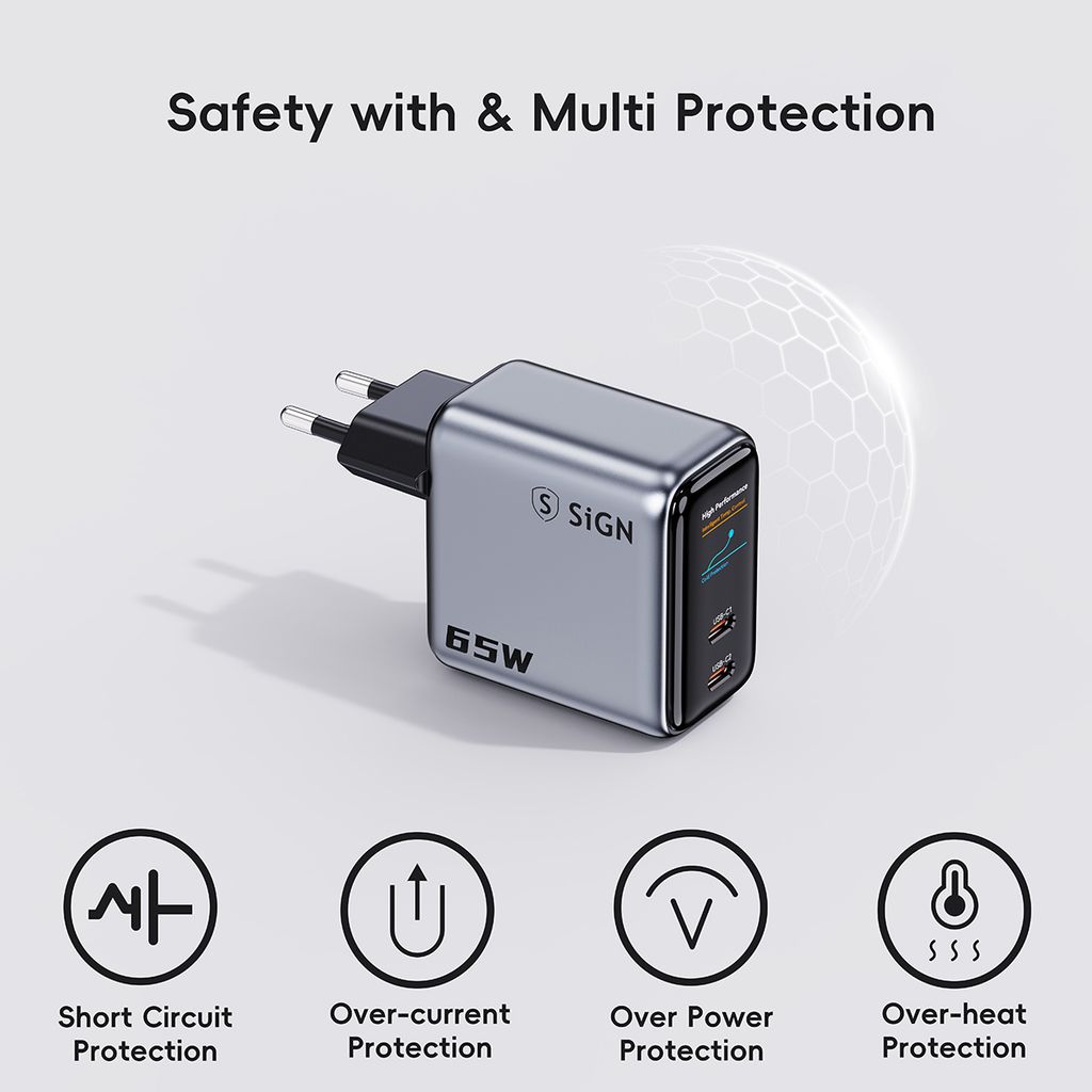 SiGN 65W Snabbladdare med Display – 2x USB-C / 1x USB-A - Grå